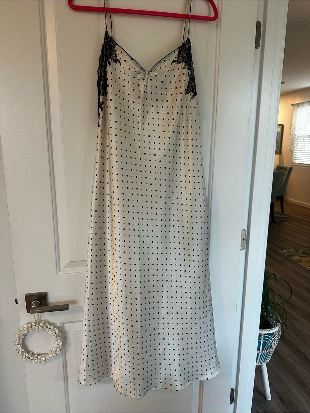Oscar de la Renta Cream Polka Dot Slip Midi Dress with Black Lace Trim